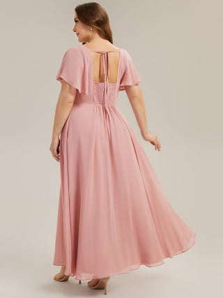 Short Sleeve Ruffle Backless Ruched A-Line Floor Length Bridesmaid Dresses