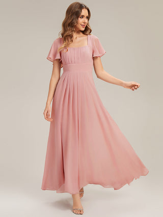 Short Sleeve Ruffle Backless Ruched A-Line Floor Length Bridesmaid Dresses