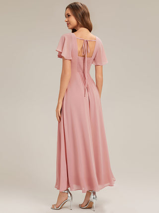 Short Sleeve Ruffle Backless Ruched A-Line Floor Length Bridesmaid Dresses