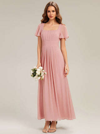 Short Sleeve Ruffle Backless Ruched A-Line Floor Length Bridesmaid Dresses