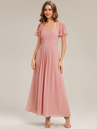 Short Sleeve Ruffle Backless Ruched A-Line Floor Length Bridesmaid Dresses