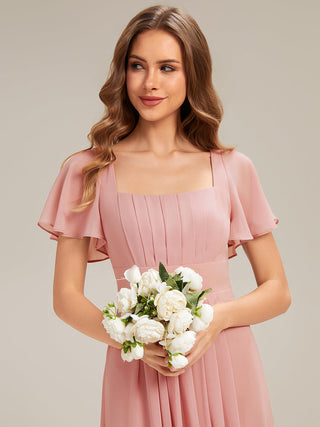 Short Sleeve Ruffle Backless Ruched A-Line Floor Length Bridesmaid Dresses