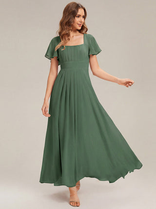 Short Sleeve Ruffle Backless Ruched A-Line Floor Length Bridesmaid Dresses