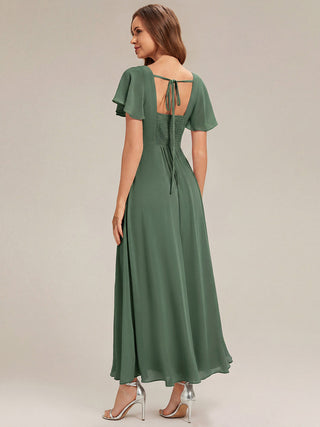 Short Sleeve Ruffle Backless Ruched A-Line Floor Length Bridesmaid Dresses