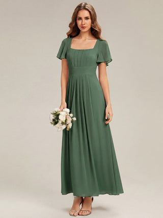 Short Sleeve Ruffle Backless Ruched A-Line Floor Length Bridesmaid Dresses