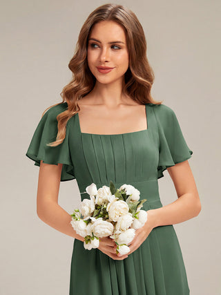 Short Sleeve Ruffle Backless Ruched A-Line Floor Length Bridesmaid Dresses