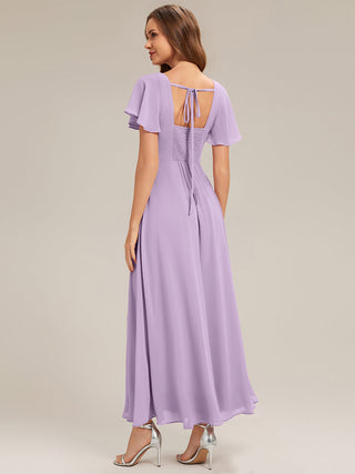 Short Sleeve Ruffle Backless Ruched A-Line Floor Length Bridesmaid Dresses