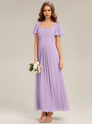 Short Sleeve Ruffle Backless Ruched A-Line Floor Length Bridesmaid Dresses
