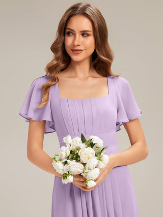 Short Sleeve Ruffle Backless Ruched A-Line Floor Length Bridesmaid Dresses