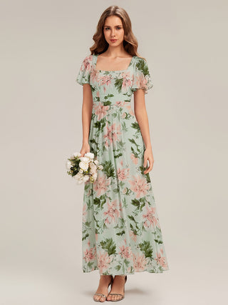 Short Sleeve Ruffle Backless Ruched A-Line Floor Length Bridesmaid Dresses