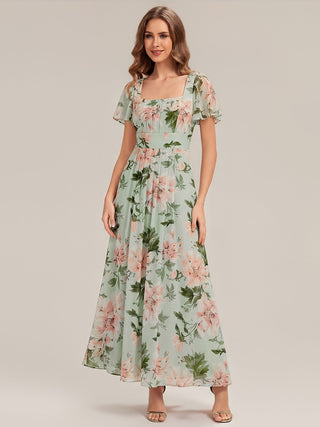 Short Sleeve Ruffle Backless Ruched A-Line Floor Length Bridesmaid Dresses