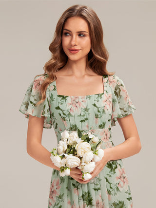 Short Sleeve Ruffle Backless Ruched A-Line Floor Length Bridesmaid Dresses