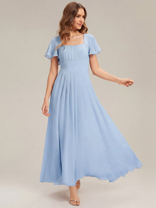 Short Sleeve Ruffle Backless Ruched A-Line Floor Length Bridesmaid Dresses