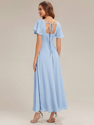 Short Sleeve Ruffle Backless Ruched A-Line Floor Length Bridesmaid Dresses