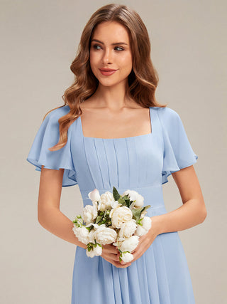 Short Sleeve Ruffle Backless Ruched A-Line Floor Length Bridesmaid Dresses