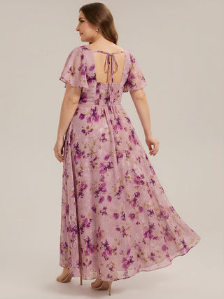 Short Sleeve Ruffle Backless Ruched A-Line Floor Length Bridesmaid Dresses