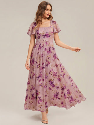 Short Sleeve Ruffle Backless Ruched A-Line Floor Length Bridesmaid Dresses