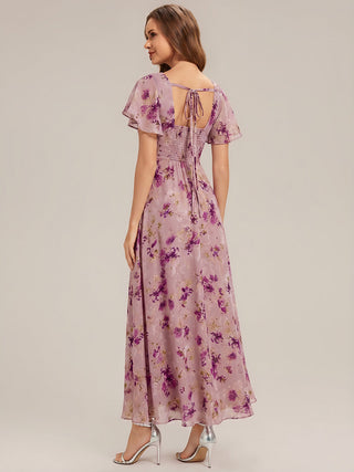 Short Sleeve Ruffle Backless Ruched A-Line Floor Length Bridesmaid Dresses
