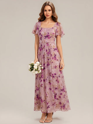 Short Sleeve Ruffle Backless Ruched A-Line Floor Length Bridesmaid Dresses