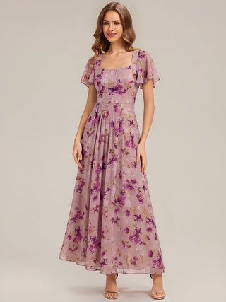 Short Sleeve Ruffle Backless Ruched A-Line Floor Length Bridesmaid Dresses