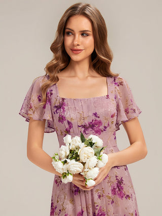 Short Sleeve Ruffle Backless Ruched A-Line Floor Length Bridesmaid Dresses