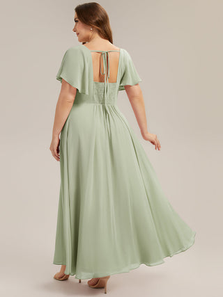 Short Sleeve Ruffle Backless Ruched A-Line Floor Length Bridesmaid Dresses