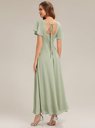 Short Sleeve Ruffle Backless Ruched A-Line Floor Length Bridesmaid Dresses