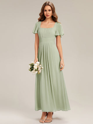 Short Sleeve Ruffle Backless Ruched A-Line Floor Length Bridesmaid Dresses