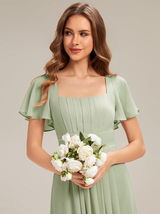 Short Sleeve Ruffle Backless Ruched A-Line Floor Length Bridesmaid Dresses