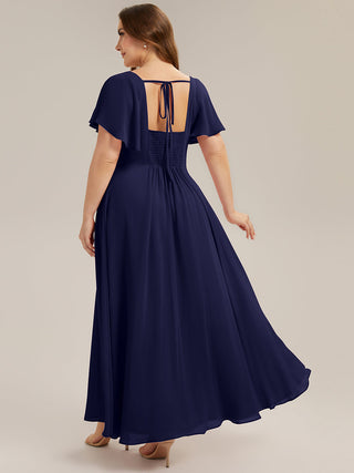 Short Sleeve Ruffle Backless Ruched A-Line Floor Length Bridesmaid Dresses