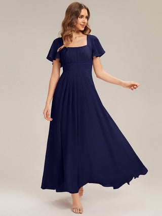 Short Sleeve Ruffle Backless Ruched A-Line Floor Length Bridesmaid Dresses