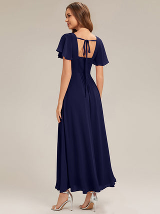 Short Sleeve Ruffle Backless Ruched A-Line Floor Length Bridesmaid Dresses