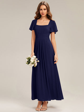 Short Sleeve Ruffle Backless Ruched A-Line Floor Length Bridesmaid Dresses