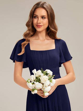 Short Sleeve Ruffle Backless Ruched A-Line Floor Length Bridesmaid Dresses