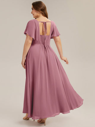 Short Sleeve Ruffle Backless Ruched A-Line Floor Length Bridesmaid Dresses