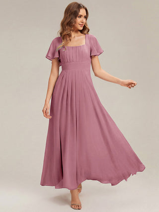 Short Sleeve Ruffle Backless Ruched A-Line Floor Length Bridesmaid Dresses