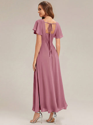 Short Sleeve Ruffle Backless Ruched A-Line Floor Length Bridesmaid Dresses