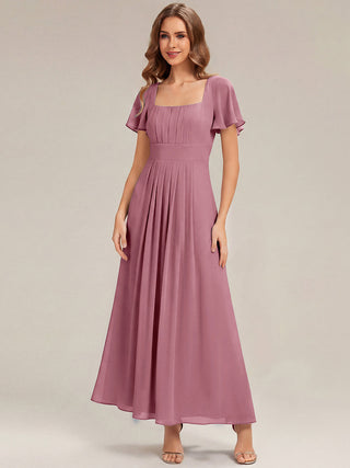 Short Sleeve Ruffle Backless Ruched A-Line Floor Length Bridesmaid Dresses