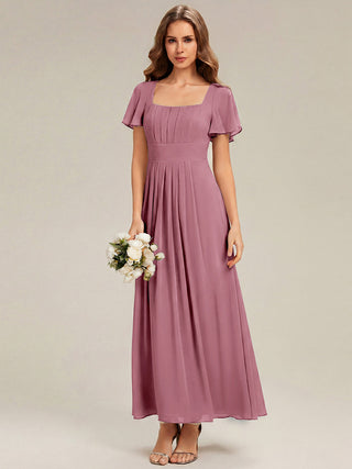 Short Sleeve Ruffle Backless Ruched A-Line Floor Length Bridesmaid Dresses