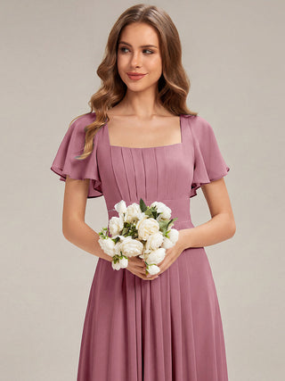 Short Sleeve Ruffle Backless Ruched A-Line Floor Length Bridesmaid Dresses