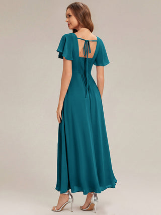 Short Sleeve Ruffle Backless Ruched A-Line Floor Length Bridesmaid Dresses