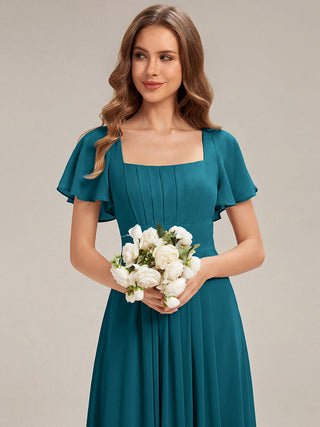 Short Sleeve Ruffle Backless Ruched A-Line Floor Length Bridesmaid Dresses