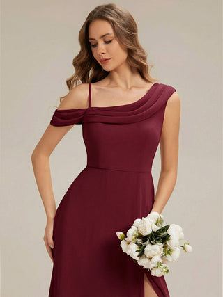 Short Sleeve Asymmetrical A-Line Floor Length Rhinestone Bridesmaid Dresses