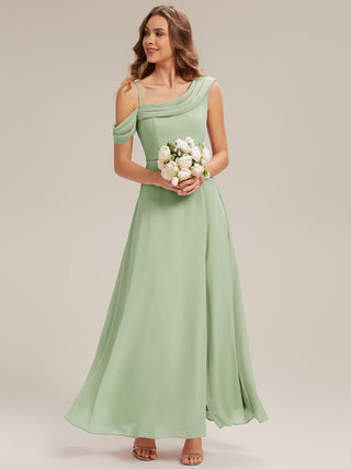 Short Sleeve Asymmetrical A-Line Floor Length Rhinestone Bridesmaid Dresses