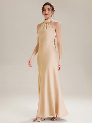 Sleeveless Halter Neck Fishtail Floor Length Dress with Thigh-High Slit, Bridesmaid Dresses