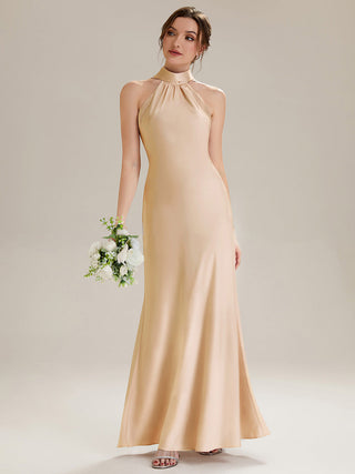 Sleeveless Halter Neck Fishtail Floor Length Dress with Thigh-High Slit, Bridesmaid Dresses