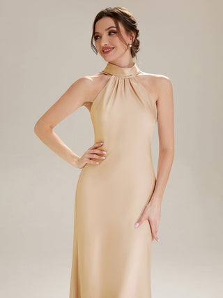 Sleeveless Halter Neck Fishtail Floor Length Dress with Thigh-High Slit, Bridesmaid Dresses