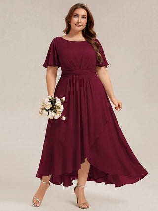 Short Sleeve Ruffle Round Neck High-Low Asymmetrical Bridesmaid Dresses