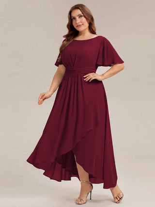 Short Sleeve Ruffle Round Neck High-Low Asymmetrical Bridesmaid Dresses