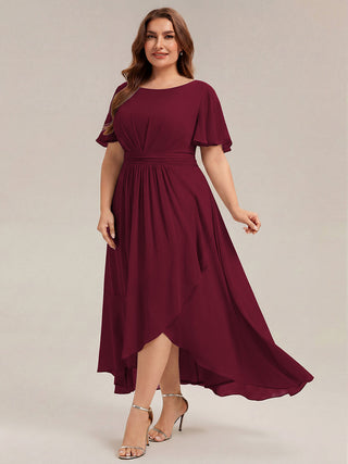 Short Sleeve Ruffle Round Neck High-Low Asymmetrical Bridesmaid Dresses